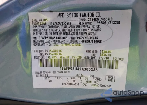 2005 Ford Taurus Se из США, поврежденный, VIN 1FAFP53U45A300388